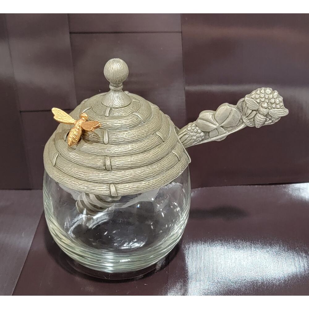 Salisbury Pewter Glass Honey Pot & Dipper w/ Bees, Clover, Blossoms and Hive